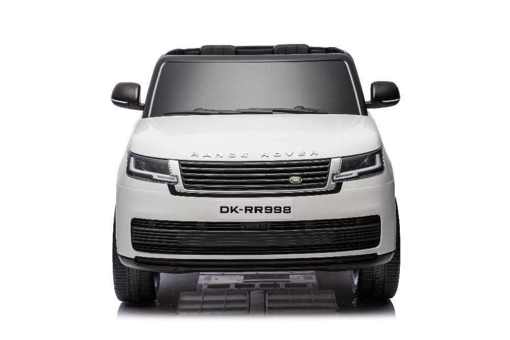 Front view of the White 24V Range Rover Ride-On SUV with EVA Wheels & Parental Control, showcasing a stylish design with detailed grille and headlights. The license plate reads DK-RR998 against a plain white background.