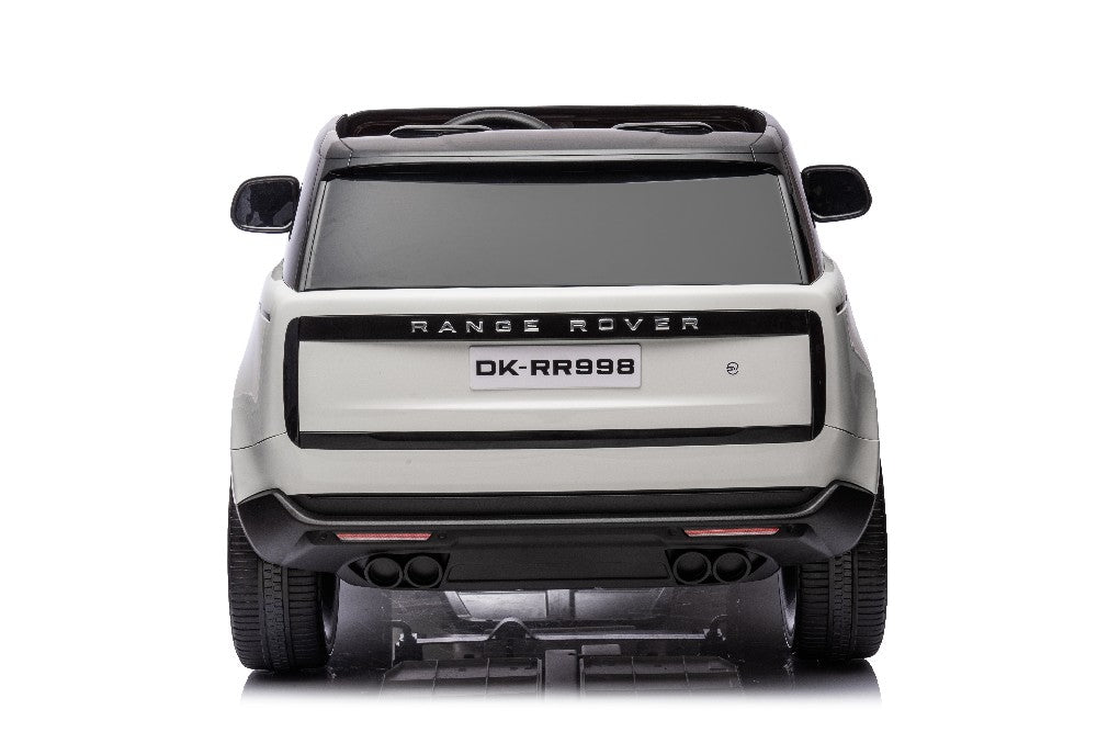 Rear view of a White 24V Range Rover Ride-On SUV toy on a white background, featuring tinted windows and dual exhausts. The license plate DK-RR998 highlights the detailed design of this vehicle with EVA wheels and parental control.