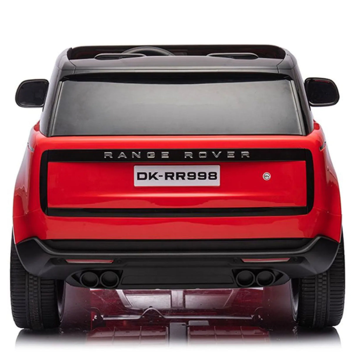 The product is a rear view of the officially licensed Red 24V Range Rover Ride-On SUV, featuring a black roof, DK-RR998 license plate, dual exhaust pipes, visible taillights, RANGE ROVER branding on the back and an eco-leather seat bench for added authenticity.