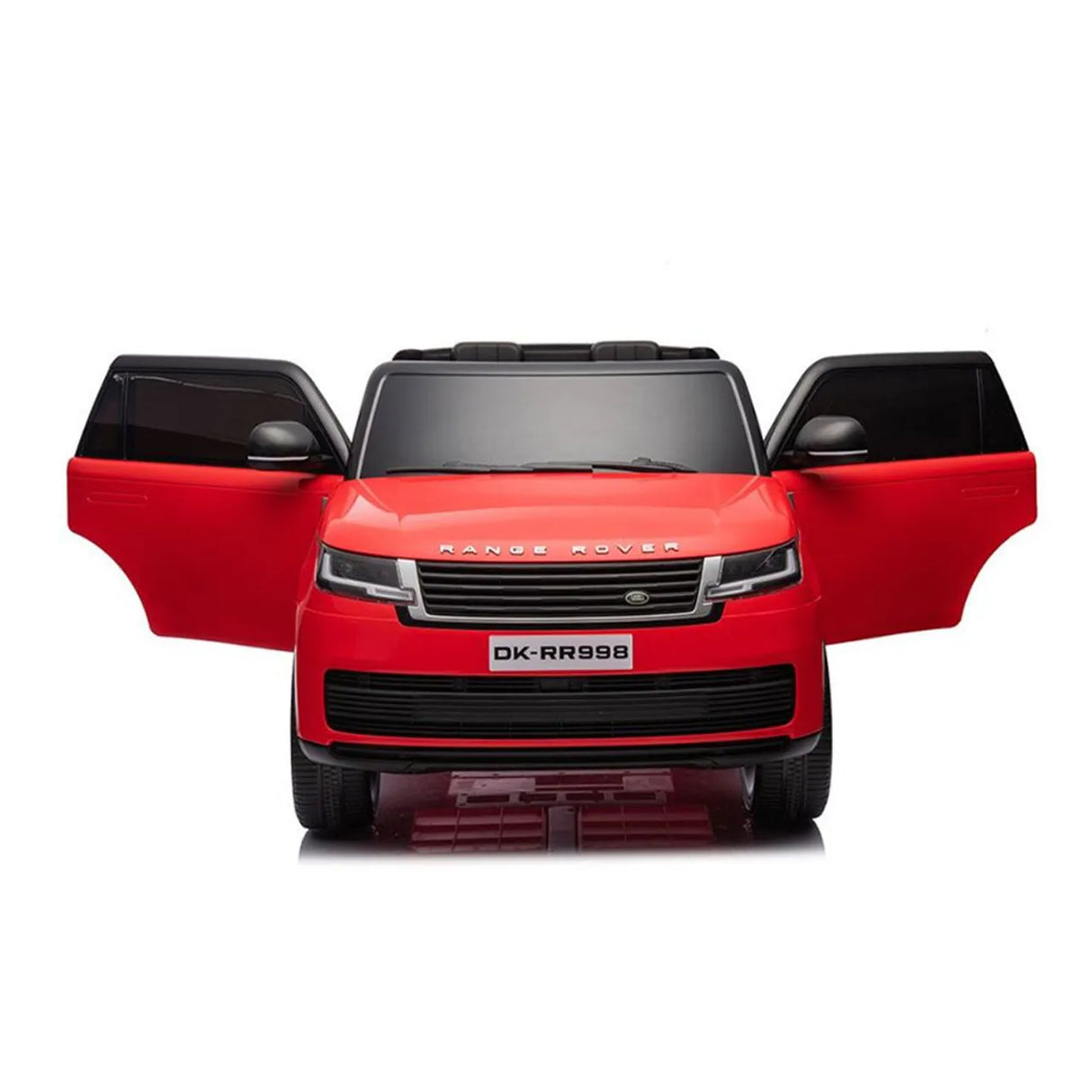 A red 24V Range Rover Ride-On SUV, officially licensed with EVA wheels and parental control, features open front doors, an eco-leather seat bench, and license plate DK-RR998 on the hood against a white background.