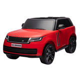 A red 24V Range Rover Ride-On SUV featuring an eco-leather seat bench, detailed headlights, a black roof, large black wheels, a grille with the DK-RR998 license plate, and official Range Rover styling.