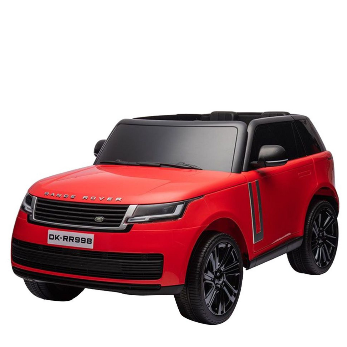 The Red 24V Range Rover Ride-On SUV features EVA wheels, parental control, a license plate DK-RR998, eco-leather seat bench, tinted windows, black wheels, and detailed headlights and grille for realistic play.