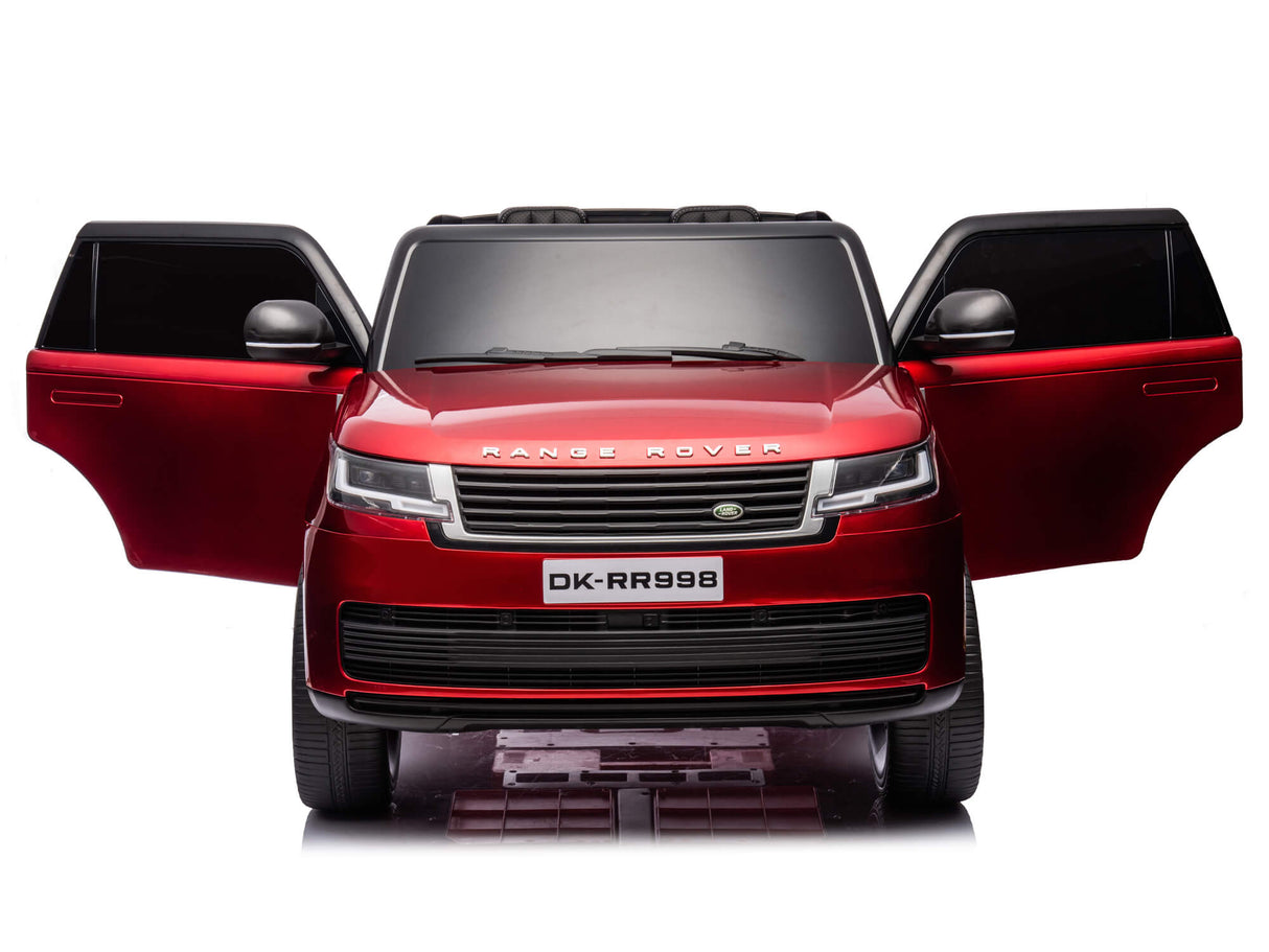 The Red Metallic 24V Range Rover Ride-On SUV features EVA wheels, parental control, open front doors, and Range Rover on the hood. Officially licensed with a license plate DK-RR998, its photographed against a white background.