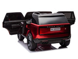 The Red Metallic 24V Range Rover Ride-On SUV with EVA Wheels & Parental Control is shown from the rear angle, its doors open to reveal a dual-seat interior. The officially licensed toy features realistic details, a shiny finish, and a DK-RR998 license plate.