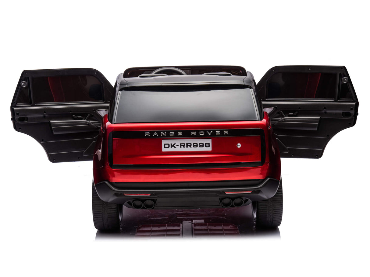 A red metallic 24V Range Rover Ride-On SUV is shown from the rear with both back doors open, prominently displaying the Range Rover name. It features intricate taillights, dual exhaust pipes, and dual seating for an authentic SUV experience.