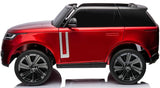 A side view of the Red Metallic 24V Range Rover Ride-On SUV with EVA Wheels, featuring large wheels, black tinted windows, dual seating, metallic accents, and a shiny finish for an authentic look. Officially licensed with parental control capabilities.