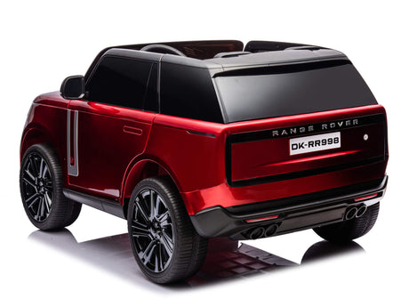 The officially licensed Red Metallic 24V Range Rover Ride-On SUV features a red exterior, black tinted windows, and license plate DK-RR998. Its dual seating and intricate details like black EVA wheels capture the elegance of a full-sized model.