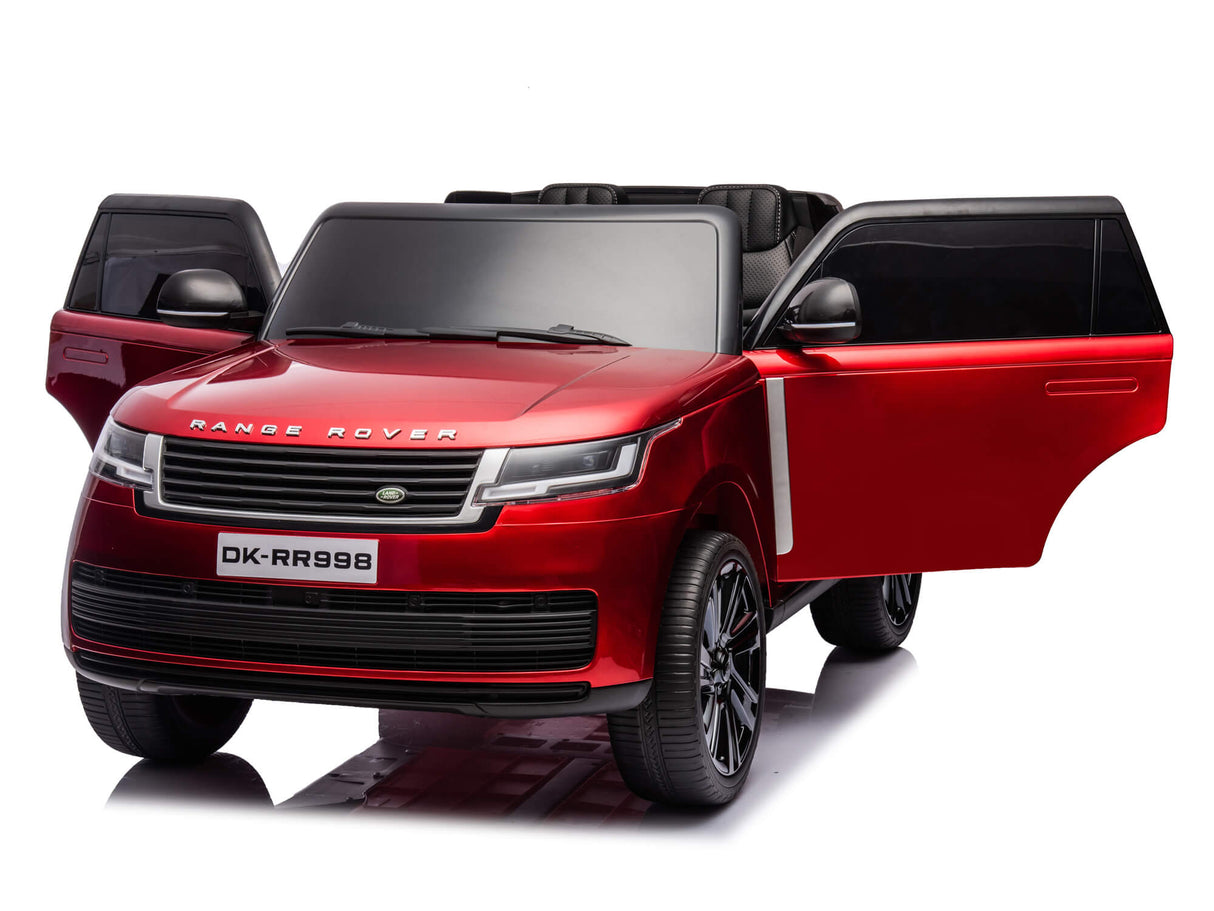 The Red Metallic 24V Range Rover Ride-On SUV comes with EVA wheels, parental control, dual seating, and front doors that open. Its glossy finish and realistic design make it stand out. The toy features a license plate reading DK-RR998.