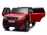 The Red Metallic 24V Range Rover Ride-On SUV comes with EVA wheels, parental control, dual seating, and front doors that open. Its glossy finish and realistic design make it stand out. The toy features a license plate reading DK-RR998.