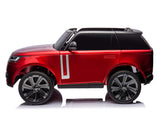 The Red Metallic 24V Range Rover Ride-On SUV with EVA Wheels & Parental Control is displayed from the side, showcasing large wheels, a black roof, silver accents, tinted windows, and dual seating. It has a glossy finish on a plain white background.