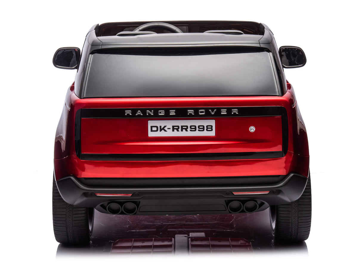 A rear view of the red metallic 24V Range Rover ride-on SUV with EVA wheels, parental control, black detailing, tinted windows, and a DK-RR998 plate. Positioned on a reflective white surface, it mirrors the dual seating style of the full-size model. Officially licensed remote-controlled toy car.