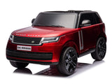 A shiny red metallic mini Range Rover ride-on SUV features detailed dual seating, black tinted windows, glossy EVA wheels, and a license plate DK-RR998. This officially licensed 24V Kids Range Rover is displayed on a white background.