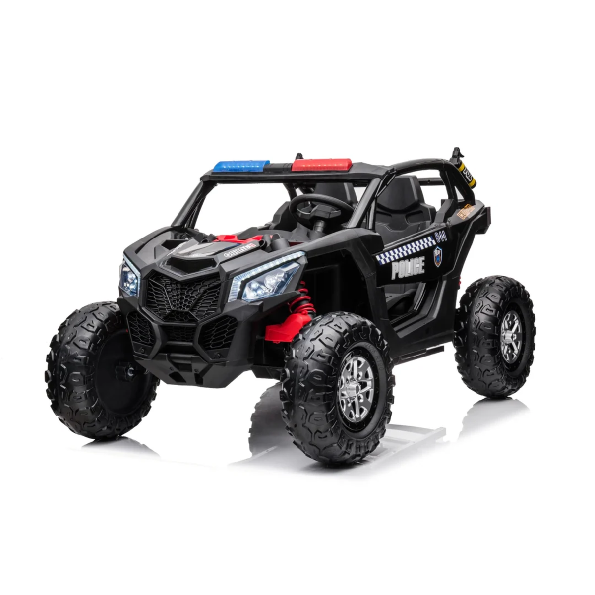 Black 24V Kids Storm Police 4X4 2-Seater UTV with EVA Tires, Emergency Siren, Lights, Music, Remote