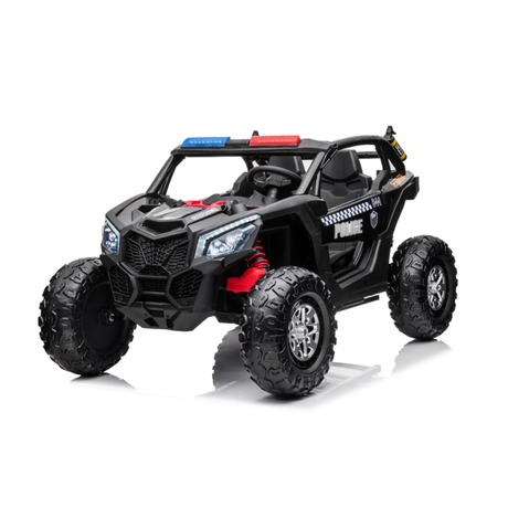Black 24V Kids Storm Police 4X4 2-Seater UTV with EVA Tires, Emergency Siren, Lights, Music, Remote