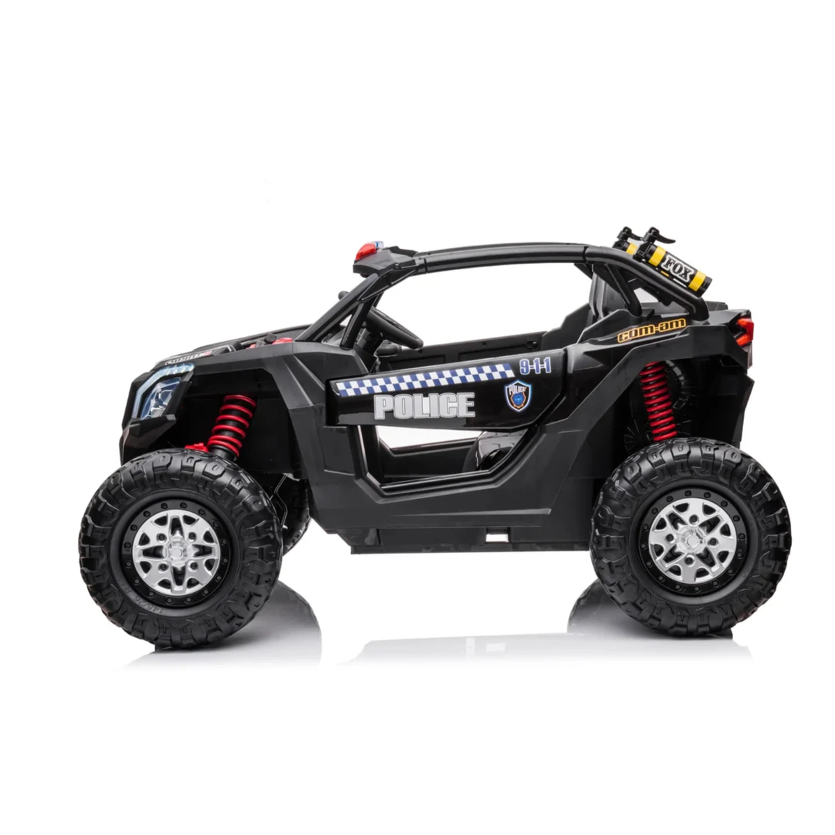 Black 24V Kids Storm Police 4X4 2-Seater UTV with EVA Tires, Emergency Siren, Lights, Music, Remote