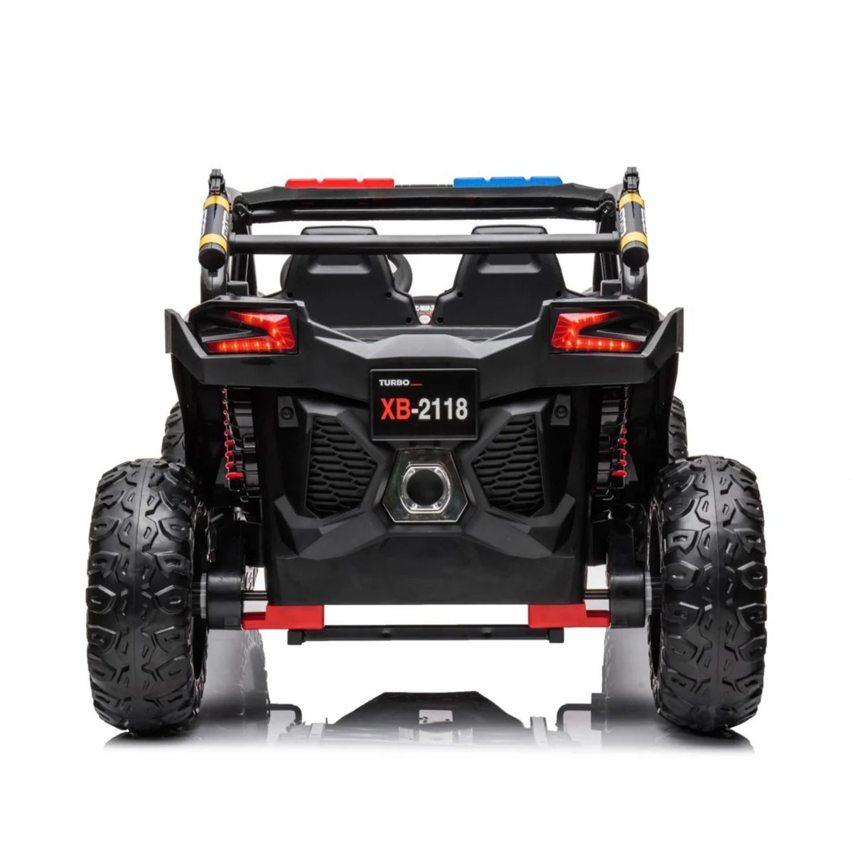 Black 24V Kids Storm Police 4X4 2-Seater UTV with EVA Tires, Emergency Siren, Lights, Music, Remote