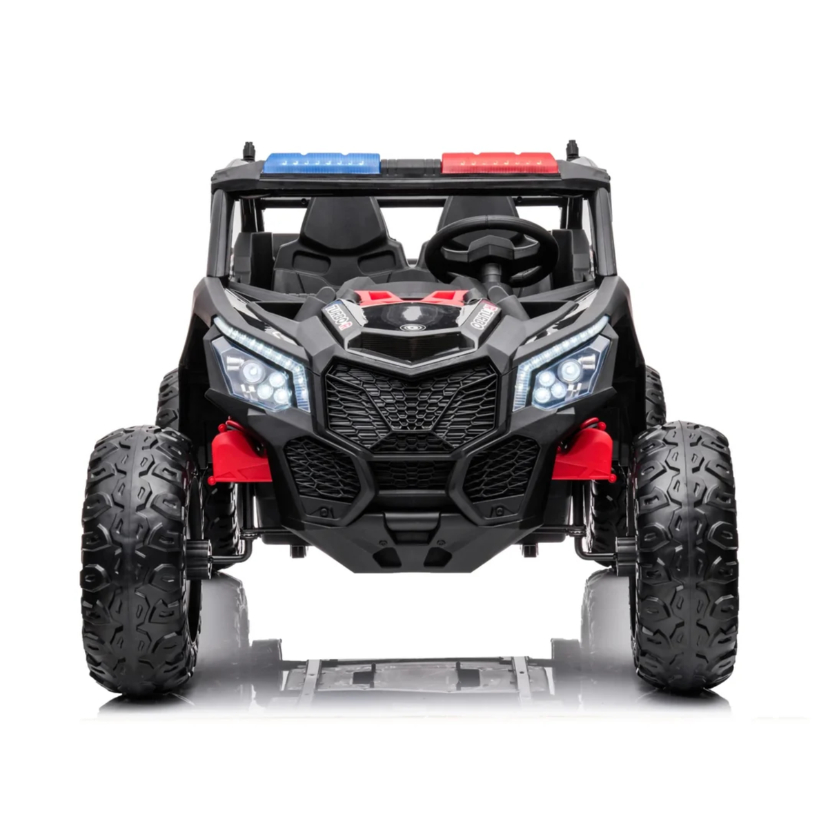 Black 24V Kids Storm Police 4X4 2-Seater UTV with EVA Tires, Emergency Siren, Lights, Music, Remote
