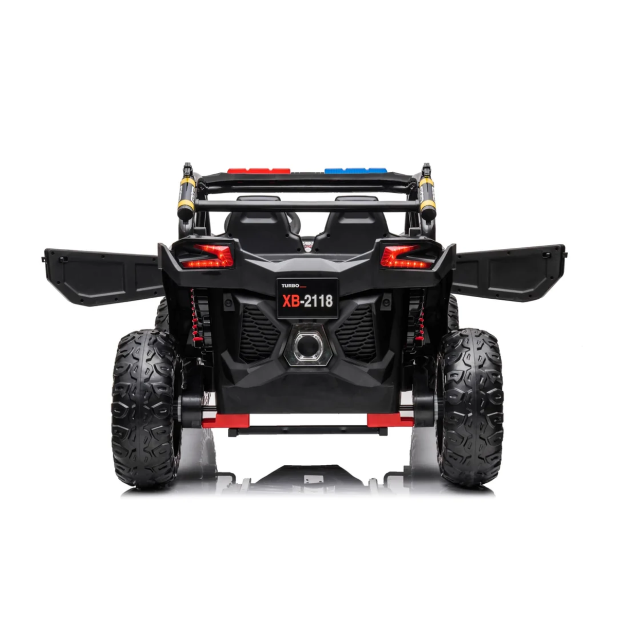Black 24V Kids Storm Police 4X4 2-Seater UTV with EVA Tires, Emergency Siren, Lights, Music, Remote