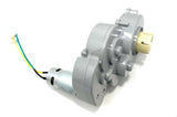 Gray plastic gearbox with attached electric motor for the 24V Audi Q5 Motor, optimized for ride-on cars. Features yellow, green, and black wires to boost speed and acceleration. The cylindrical gearbox exposes its gears and includes a yellow connector.