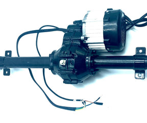 The Rear Axle and Motor Assembly for 24v/180w XXL Super Ride features components, a cylindrical shaft, and colored wires. The black motor housing with a silver top is ideal for integrating into ride-on car axles, ensuring smooth and efficient power delivery.