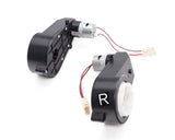 The image displays a pair of black electric ride-on car motors with red and black wires. One motor has a white R label, with white gear housing and small electrical connectors, designed for enhanced performance in the 12V Lexus Set of Front Motors.