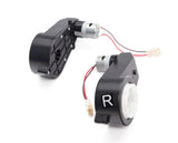 This set of 12V Lexus rear motors includes two black motorized gear assemblies with red and black wires. One is marked R, indicating suitability for rear motors, featuring cylindrical components and small attached motors that seamlessly fit ride-on cars.