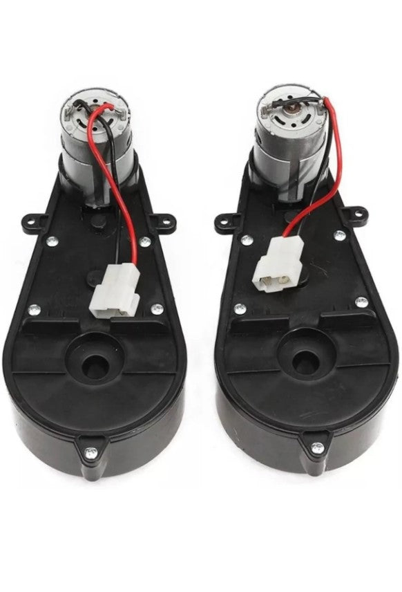 Two front gears with black plastic housings, silver cylindrical tops, and red and black wires with white connectors are designed for a Mercedes GTR-2 Seat ride-on car. Each features a circular mounting point and multiple screws on the housing, positioned side by side.