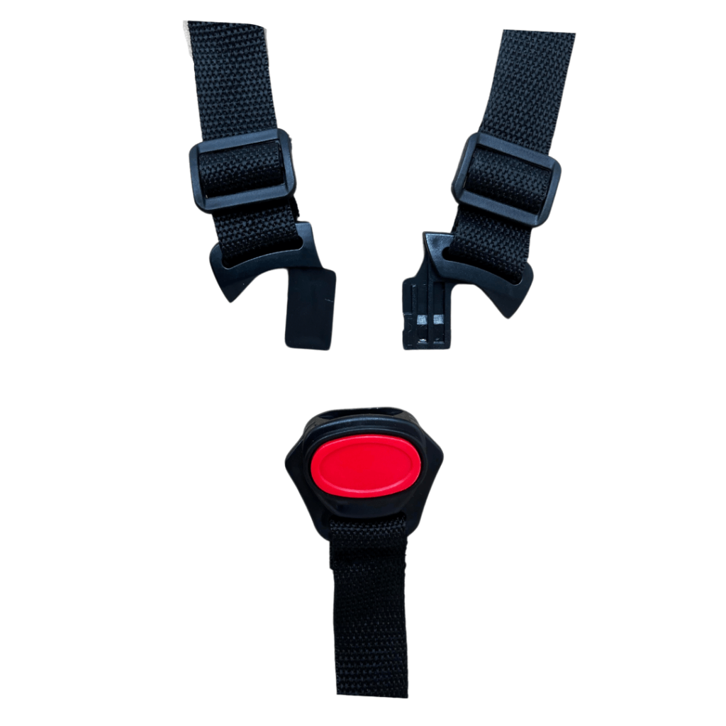 The 12V/24V Can-Am Maverick – 3-Point Safety Harness is a black car seat buckle with a red release button, featuring two connecting straps above and a female buckle part below. Available at kidsviponline during their final sale.