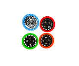 The 24V Can-Am Maverick Set of Wheel Caps, perfect for toy cars, is displayed on a white background. These black wheels have vibrant blue, red, green, and orange rims with a sleek hollow spoke design. Purchase them at kidsviponline—hurry as this is the Final Sale!.