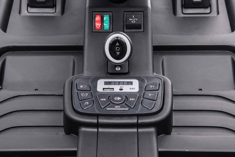 The Red 24V Ultra-Violent Big Kids Complete Edition Drifting Go-Karts dashboard displays a digital readout of 88.88 with Kids mode active. Central control panel includes play, pause, and volume buttons, while glowing red and green switches add energy above the panel.