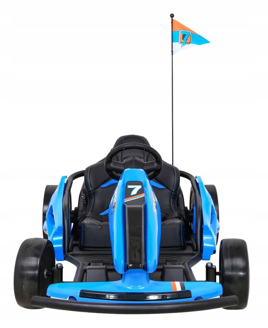 The Blue Big Kids 24 Volt Ultra-Violent Complete Edition Drifting Go-Kart features a sleek design with a number 7 on the front, high-speed drifting, a black seat, EVA-rubber wheels, curved side panels, and a blue and orange flag on the back for added flair.