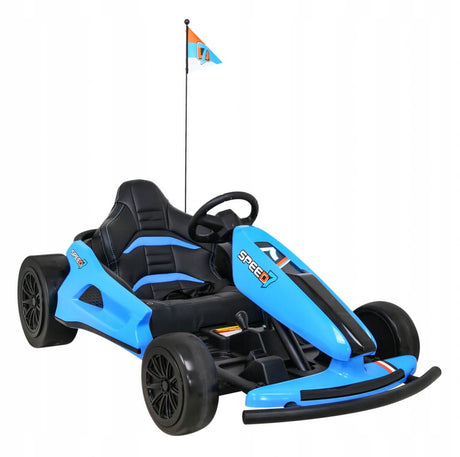 The Blue Big Kids 24 Volt Ultra-Violent Complete Edition Drifting Go-Kart features a low seat, steering wheel, EVA-rubber wheels, SPEED on its side, and a blue-orange flag on a rear pole for high-speed drifting fun.