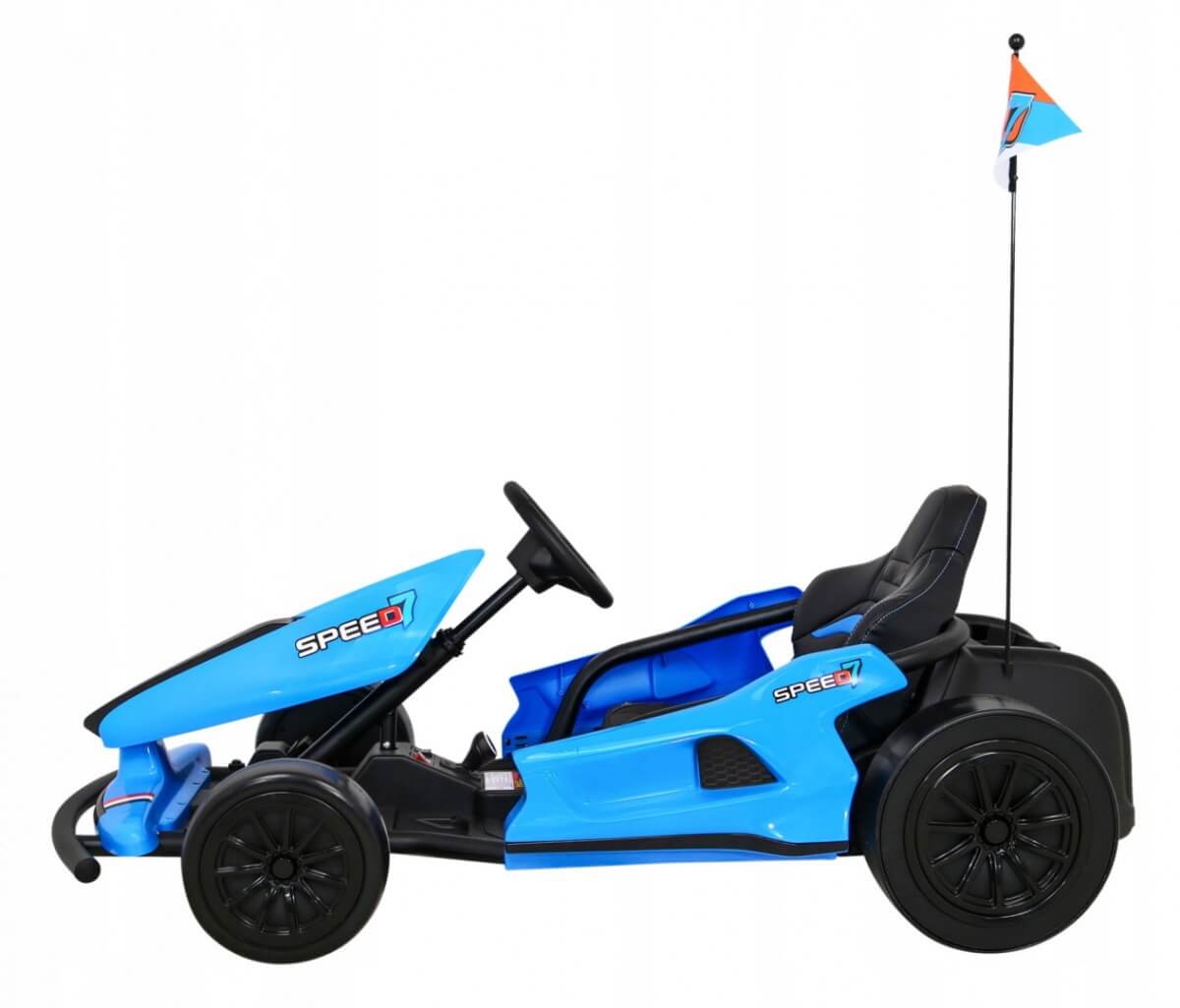 Meet the Blue Big Kids 24 Volt Ultra-Violent Edition Drifting Go-Kart, designed for high-speed thrills. Featuring EVA-rubber wheels, a SPEED decal, and a striking orange-blue flag, its black seat completes the sleek look for young adrenaline seekers.