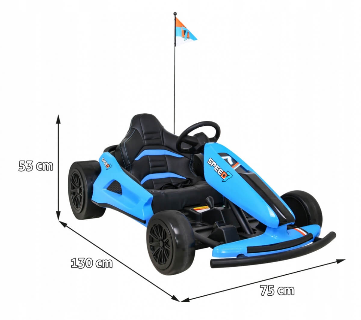 Feel the thrill of high-speed drifting with the Blue Big Kids 24 Volt Ultra-Violent Complete Edition Drifting Go-Kart. It features EVA-rubber wheels, a black seat and steering wheel, measures 130x75x53 cm, and has a rear pole sporting a blue and orange flag.