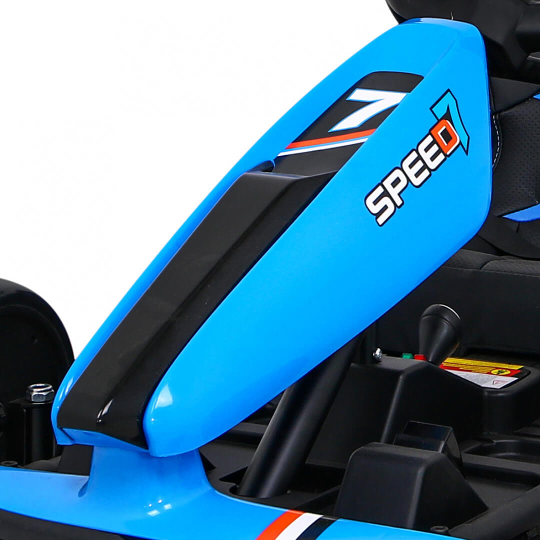 Close-up of a blue go-kart seat with SPEED and the number 7 in bold white and orange letters. The Blue Big Kids 24 Volt Ultra-Violent Complete Edition Drifting Go-Kart features black accents, EVA-rubber wheels, and is mounted on a durable black chassis for high-speed drifting fun.