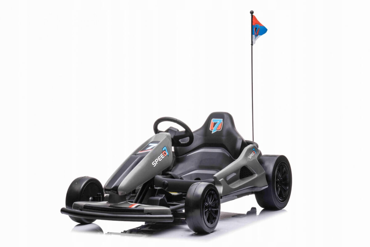 The Grey Big Kids 24V Ultra-Violent Complete Edition Drifting Go-Kart features a sleek design, small steering wheel, low seat, and vertical flagpole with a blue and red flag. The number 7 is visible on the seat, powered by 24V motors for an exhilarating ride.