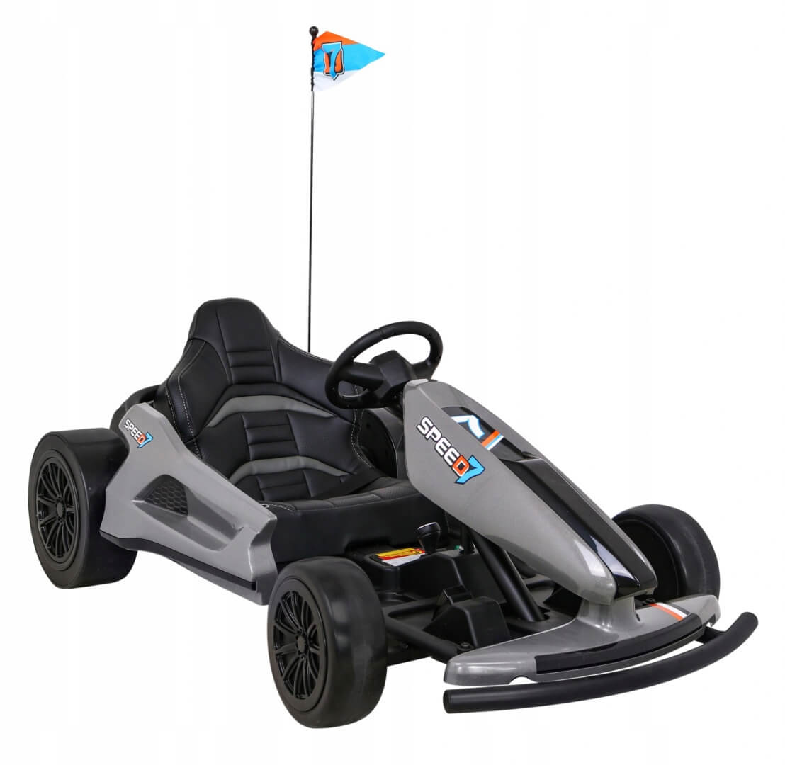 The Grey Big Kids 24V Ultra-Violet Complete Edition Drifting Go-Kart has black racing tires, a comfortable black seat, a small steering wheel, and Speed branding. It features powerful 24V motors and includes a flagpole with a blue and orange flag at the back.
