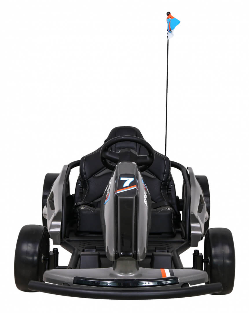 Front view of the Grey Big Kids 24V Ultra-Violent Complete Edition Drifting Go-Kart with a black and gray design, labeled number 7. Its powered by 24V motors for high-speed thrills, featuring a seat, steering wheel, and a flag with a red and blue design on a tall rod at the back.