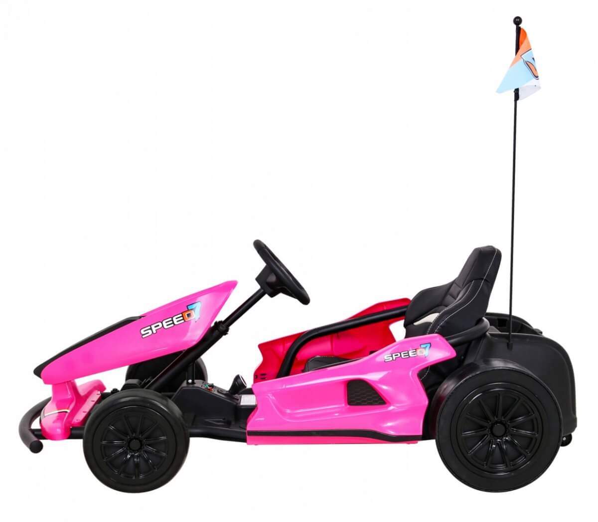 Introducing the Pink 24V Ultra-Violent Big Kids Complete Edition Drifting Go-Kart: a striking pink ride emblazoned with Speed, featuring a high-powered motor for thrilling drifts. It includes a black steering wheel, seat, and large wheels, along with an orange and white flag on its flagpole.