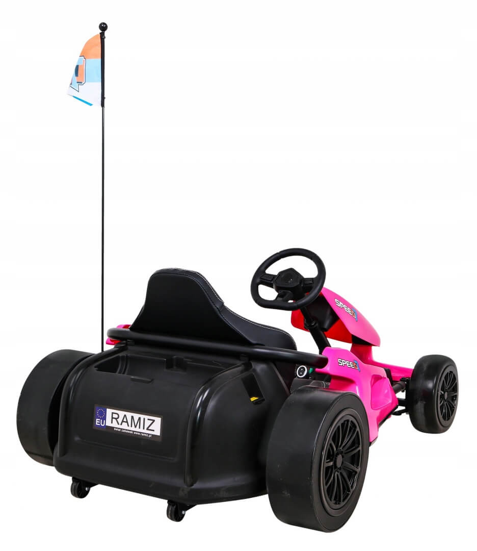 Introducing Ramizs Pink 24V Ultra-Violent Big Kids Complete Edition Drifting Go-Kart, featuring a steering wheel, wide rear tires for high-speed drifting, and a safety flag on a pole to ensure visibility as your little racer zips around in style.