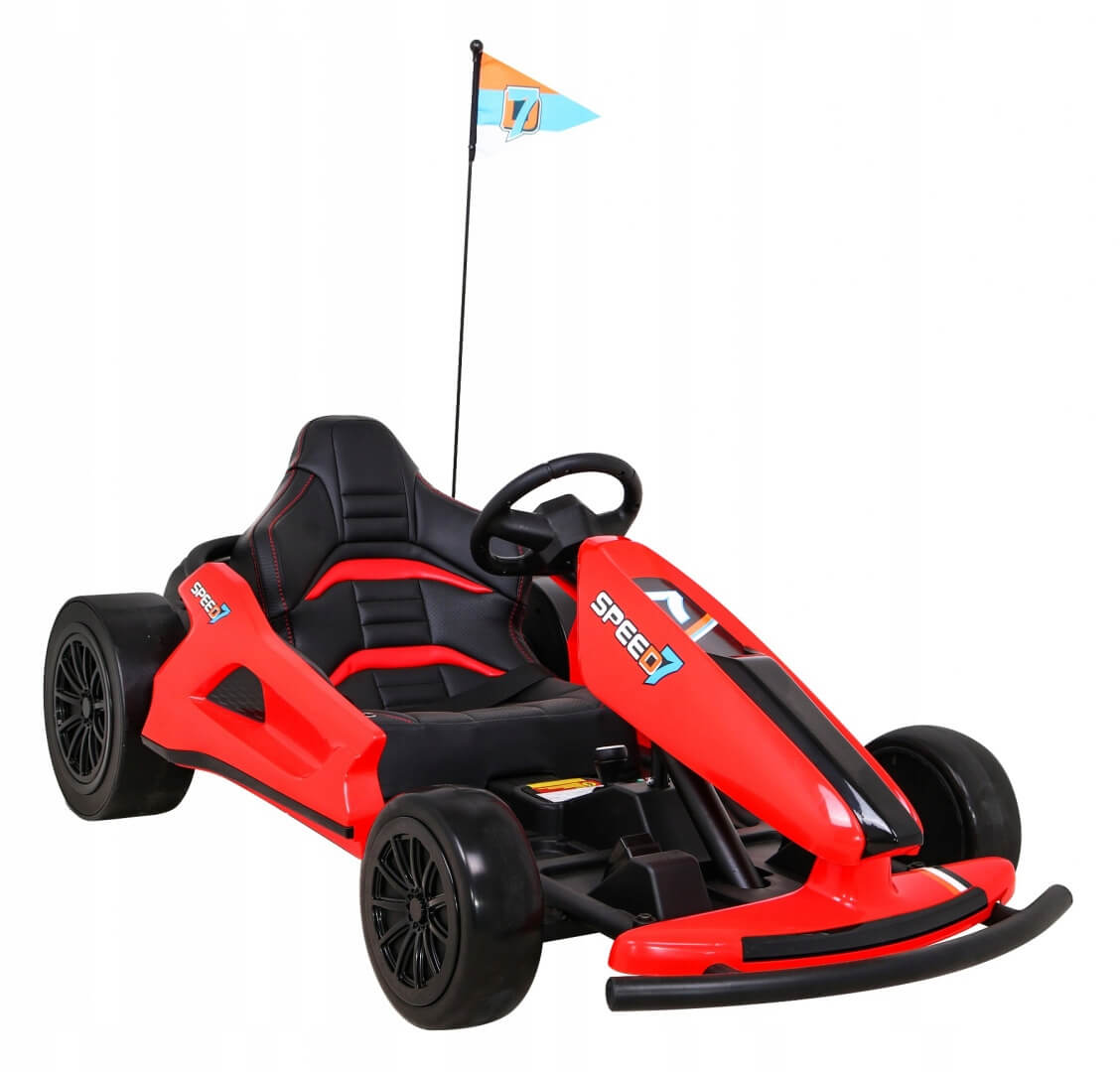 The Red 24V Ultra-Violent Big Kids Complete Edition Drifting Go-Kart includes a steering wheel, flag on a pole, Speed design, and a black padded seat for comfort.