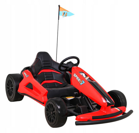 The Red 24V Ultra-Violent Big Kids Complete Edition Drifting Go-Kart includes a steering wheel, flag on a pole, Speed design, and a black padded seat for comfort.