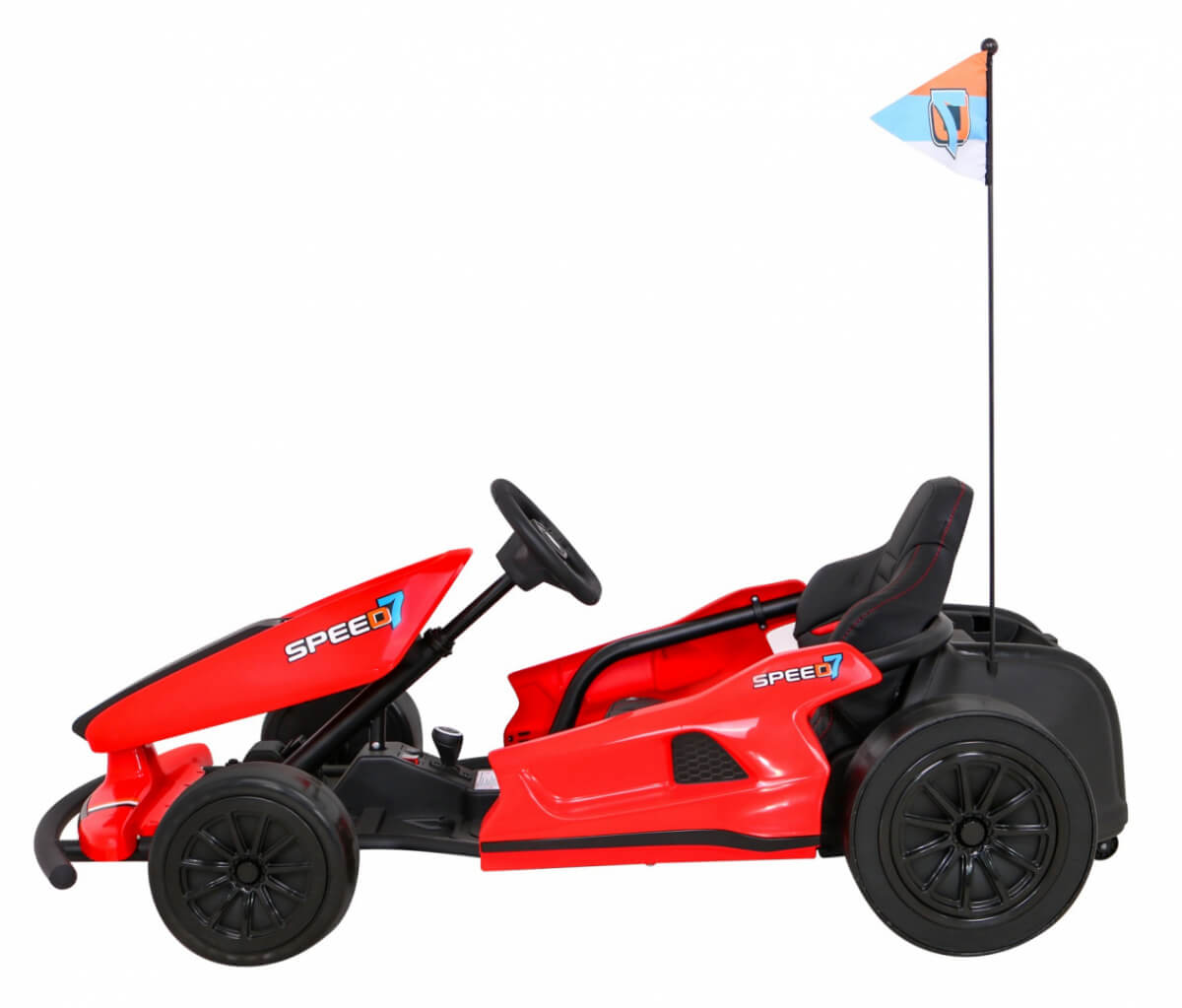 Introducing the Red 24V Ultra-Violent Big Kids Complete Edition Drifting Go-Kart, featuring sporty black wheels, a Speed decal on the side, a sleek black seat, and a tall flag with a logo for thrilling adventures.