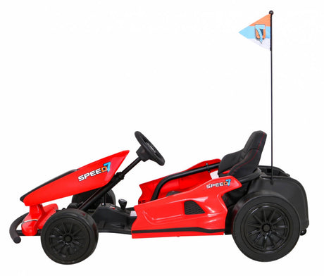 Introducing the Red 24V Ultra-Violent Big Kids Complete Edition Drifting Go-Kart, featuring sporty black wheels, a Speed decal on the side, a sleek black seat, and a tall flag with a logo for thrilling adventures.