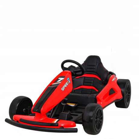 The Red 24V Ultra-Violent Big Kids Complete Edition Drifting Go-Kart features a black seat, steering wheel, sleek tires, and a low-profile bumper against a white background, offering thrilling drifting action with its red design and black racing stripes.