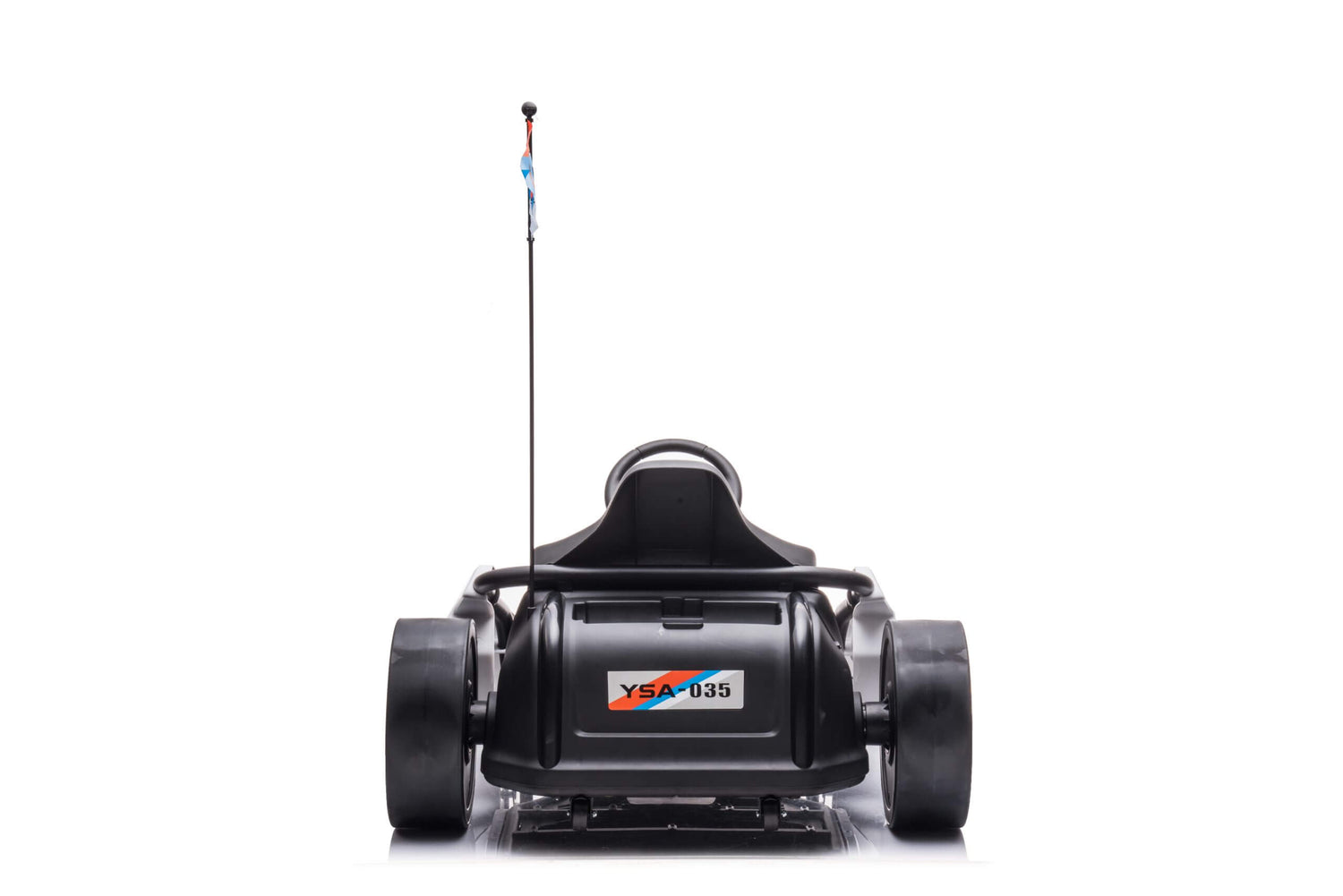 A sleek black Big Kids 24V Ultra-Violent Edition Drifting Go-Kart with four large wheels features a tall flag-marked antenna and YSA 035 on the rear corner, showcased in a minimalistic setting.