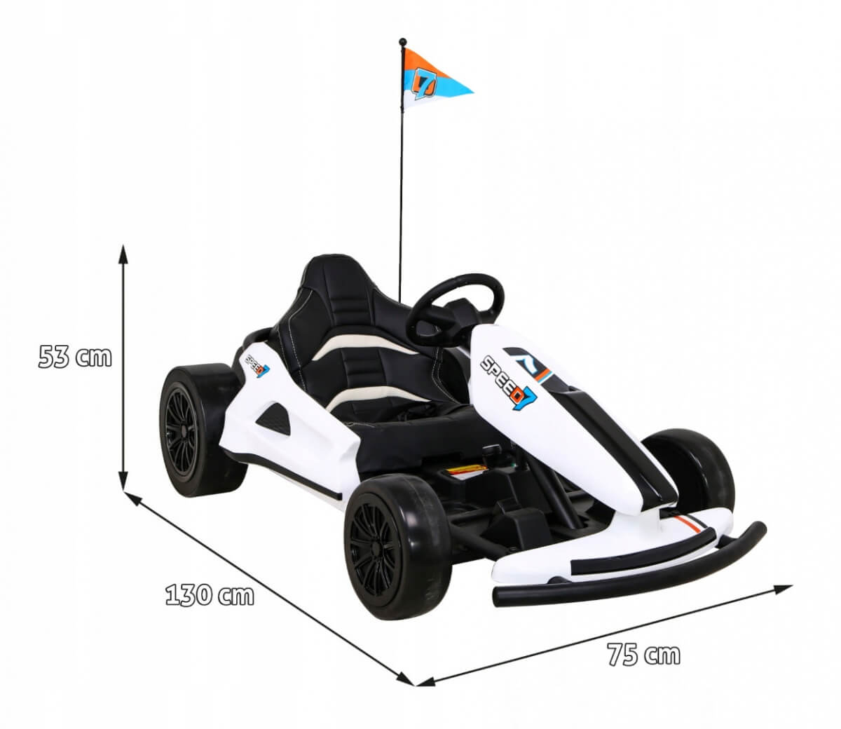 The Big Kids 24 Volt Ultra-Violent Complete Edition Drifting Go-Kart comes in a sleek white design with black accents, measuring 130x75x53 cm. It features black wheels, a steering wheel, and a rear flag for added flair to your drifting thrills.