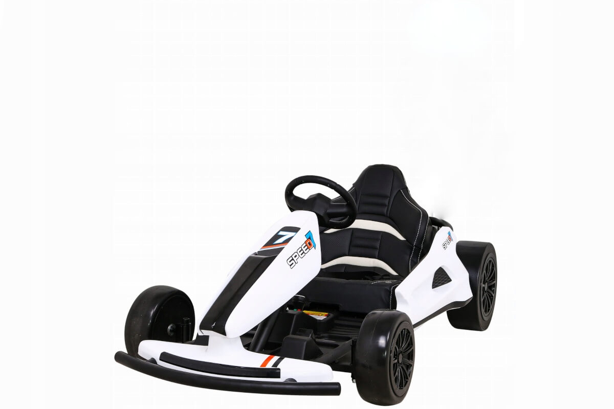 The Big Kids 24 Volt Ultra-Violent Complete Edition Drifting Go-Kart features a sporty design with black accents and vibrant decals, offering a sleek modern feel. Equipped with a steering wheel and a black seat, its perfect for young racers.