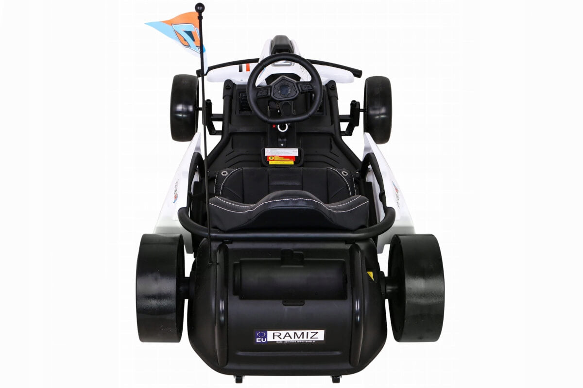 A top-down view of a black Big Kids 24 Volt Ultra-Violent Complete Edition Drifting Go-Kart with a steering wheel, seat harness, and a blue-orange rear flag. The RAMIZ label on the back makes it ideal for drifting enthusiasts seeking adventure.