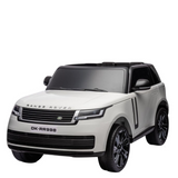 The White 24V Range Rover Ride-On SUV offers meticulous detail with eco-leather seats and EVA rubber wheels for a smooth ride. It features realistic headlights, side mirrors, black trim, and a DK-RR998 license plate. Parental control is included for added safety.